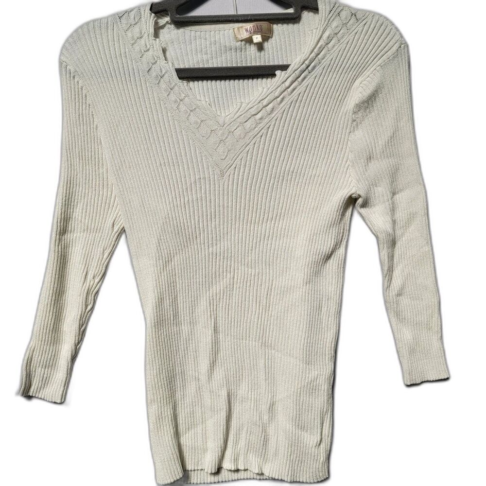 Wanko White Ribbed Stretchy Shirt Pull-over Lace Trim V-Neck Women's Size F